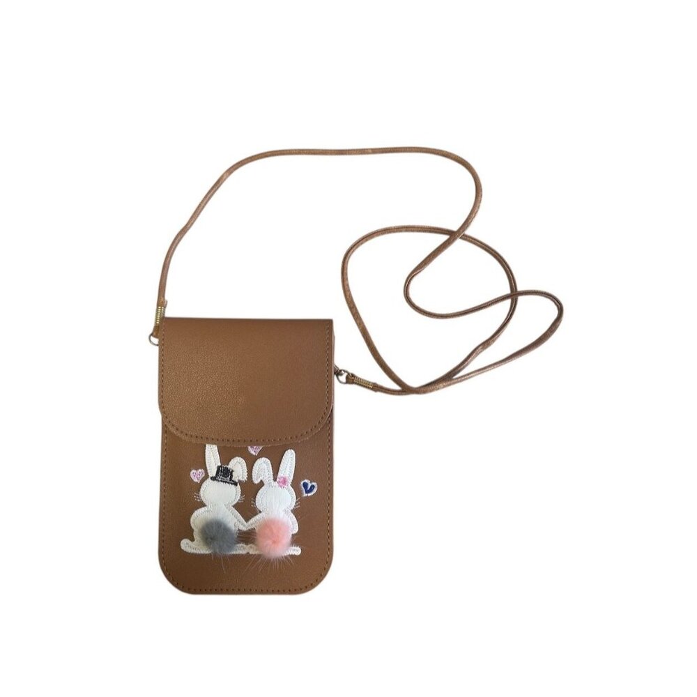 Brown Crossbody Shoulder Bag With Bunny Design & Pom Pom Accents
